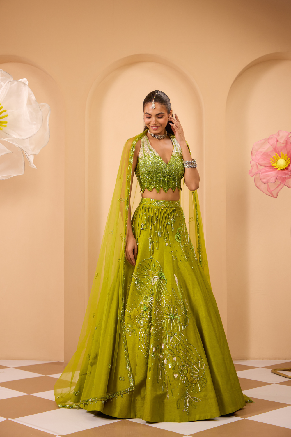 Hand Embroidered V Neckline Blouse with Lehenga & Dupatta