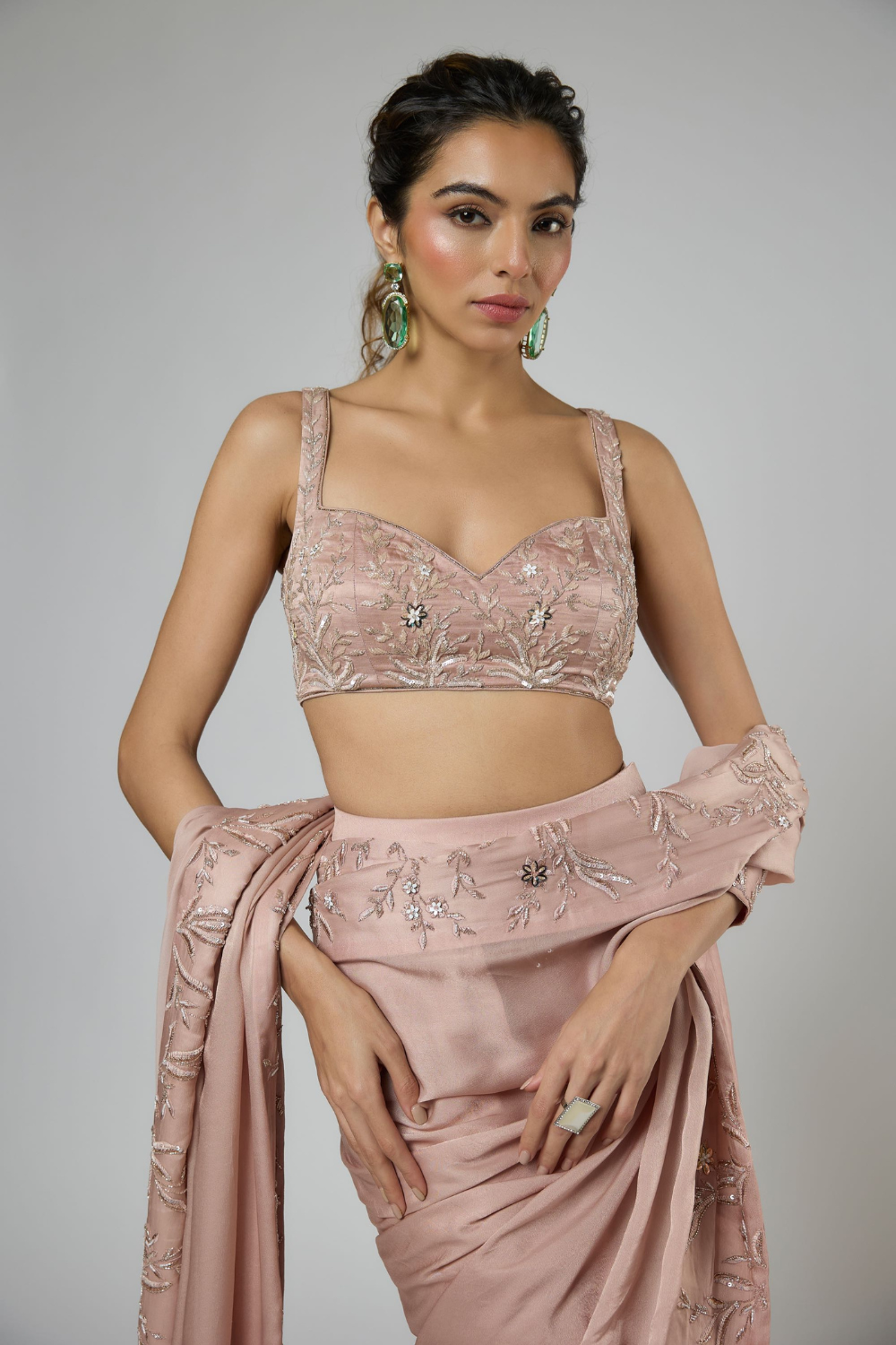 ONION PINK INTRICATE FLORAL EMBROIDERED SAREE SET