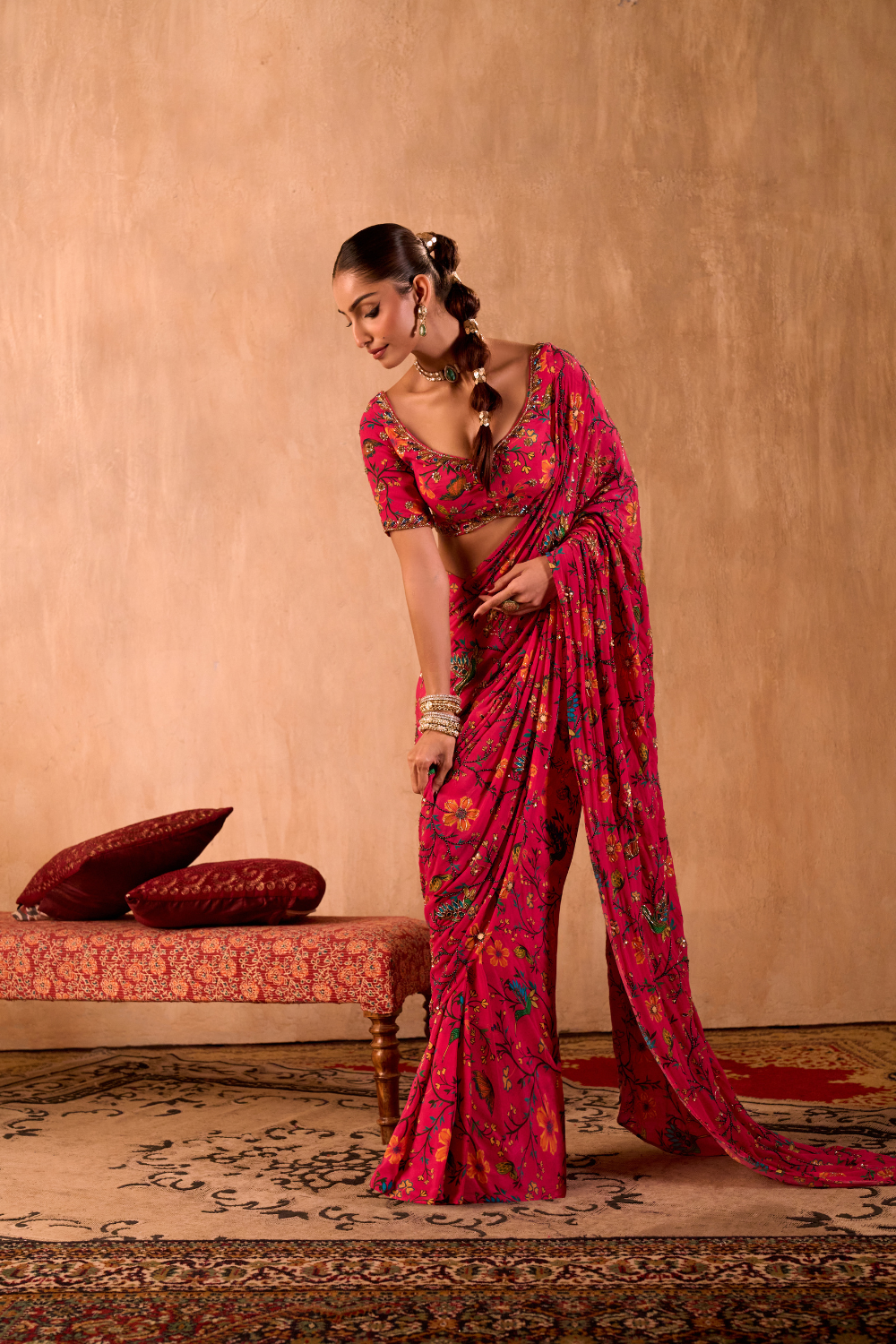 PINK PRINT CHOLI WITH EMBROIDERED SARI SET
