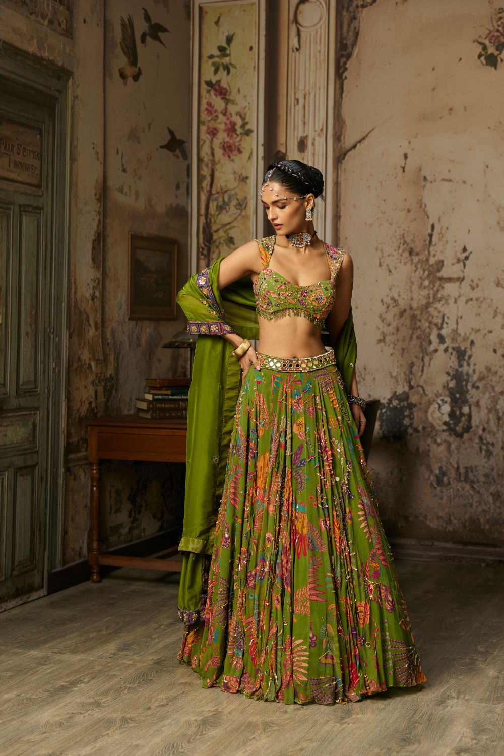 PEAR GREEN PRINTED AND HIGHLIGHTED LEHENGA SET