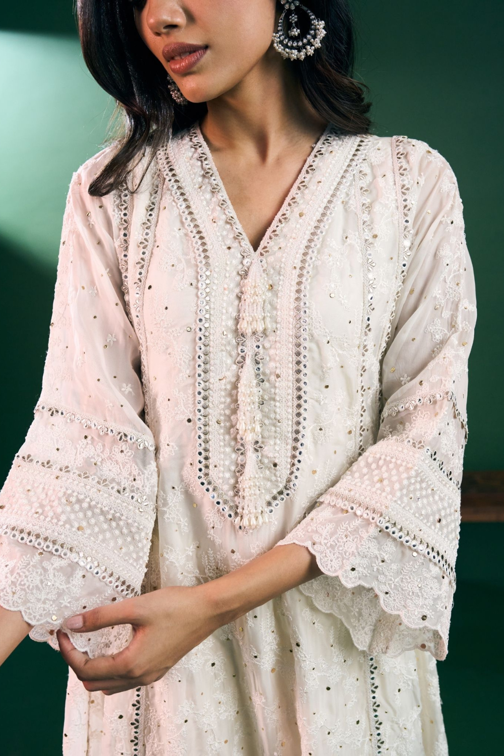 Rupa Organza Off White Anarkali Kurta with Pima Satin Off White Pant Set