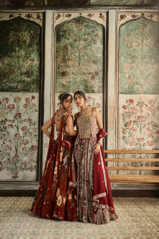SAGE-MAROON PRINT AND HIGHLIGHTED CORSET BLOUSE LEHENGA SET