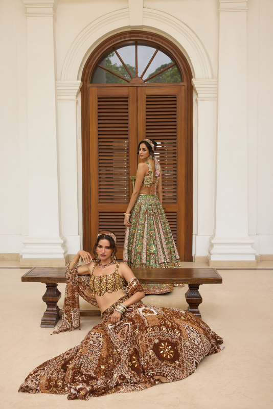 SAGE-MAROON PRINT AND HIGHLIGHTED LEHENGA SET