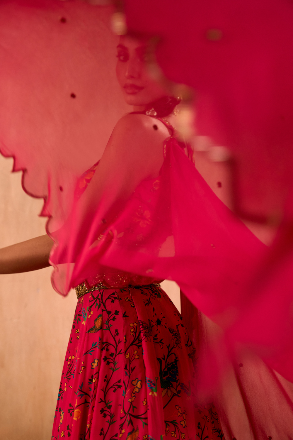 PINK PRINT EMBROIDERED CHOLI, LEHENGA AND DUPATTA SET