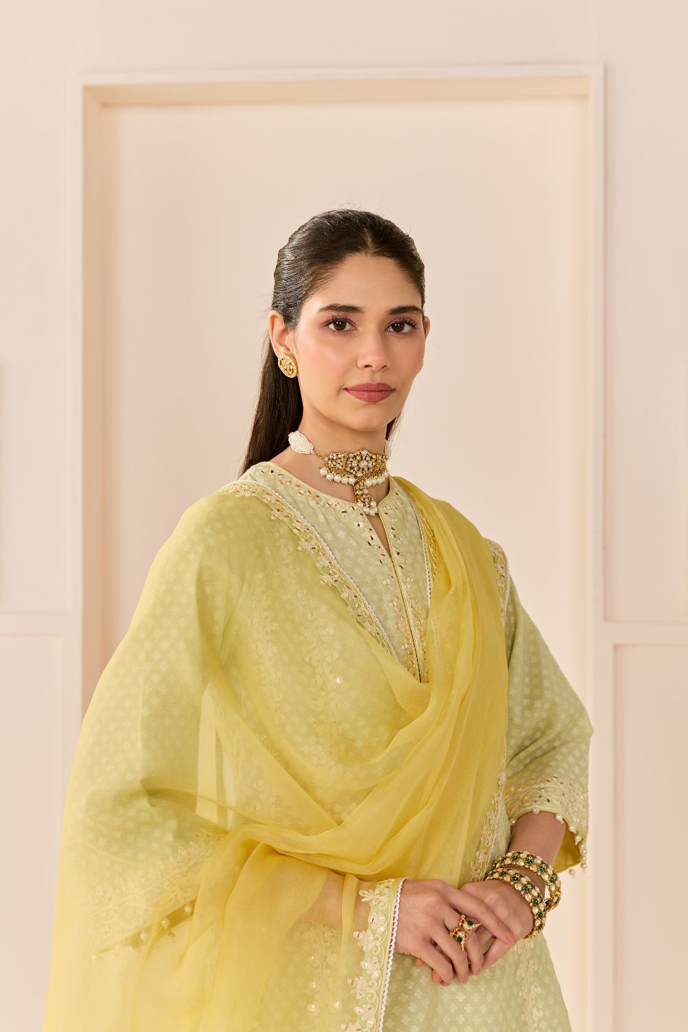 FIRDAUS - MINT GREEN LONG KALIDAAR CHAUGA WITH DOGRI SALWAR AND DUPATTA