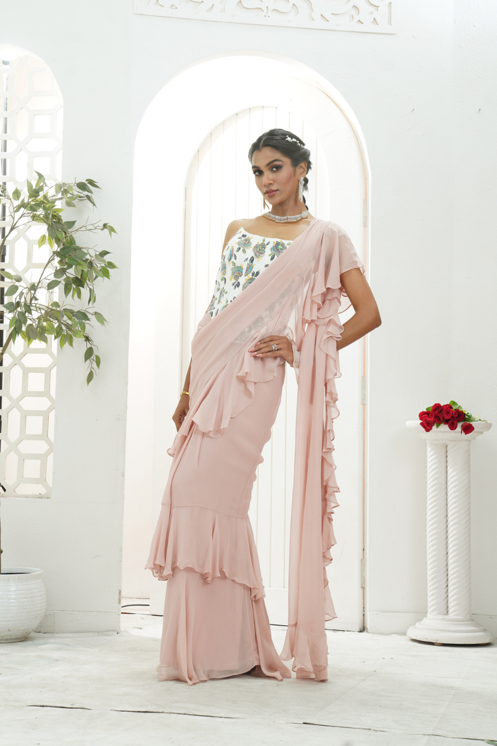 Mauve ruffle saree and hand painted corset set