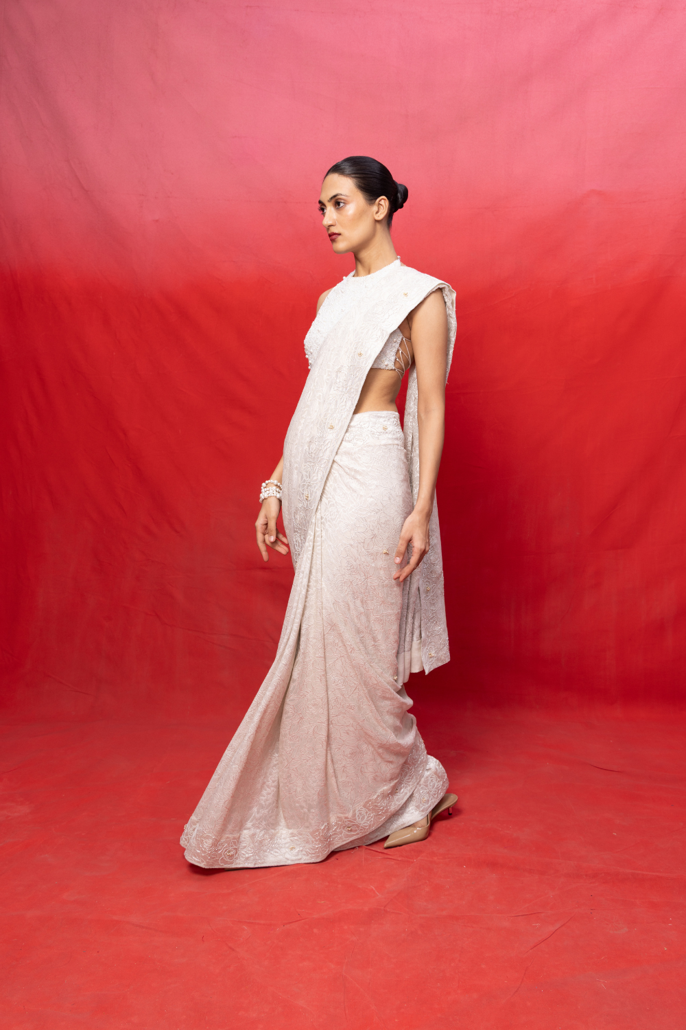Handwoven Off-White Chiffon Embossed Saree