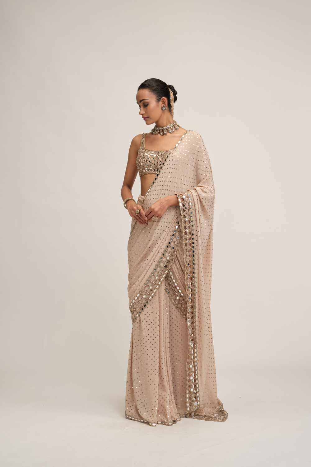 Light Beige Round Neck Cutwork Border Saree Set