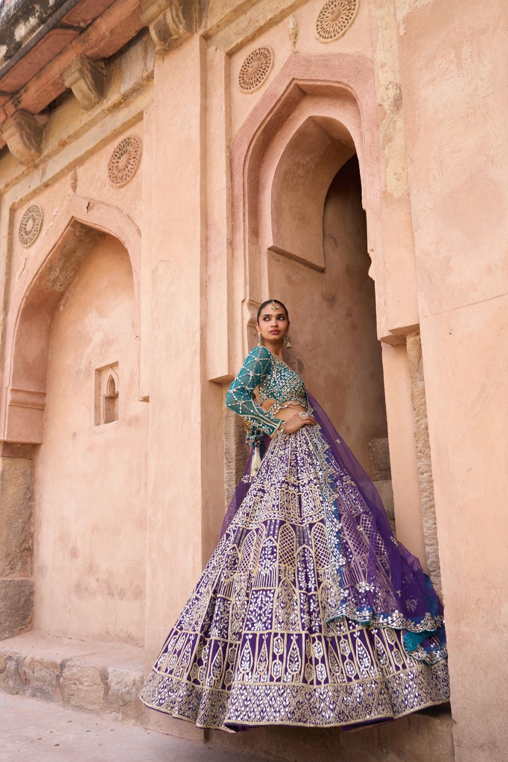 NEELAM — Bright Purple Raw Silk Lehenga Set with Contrast Blouse