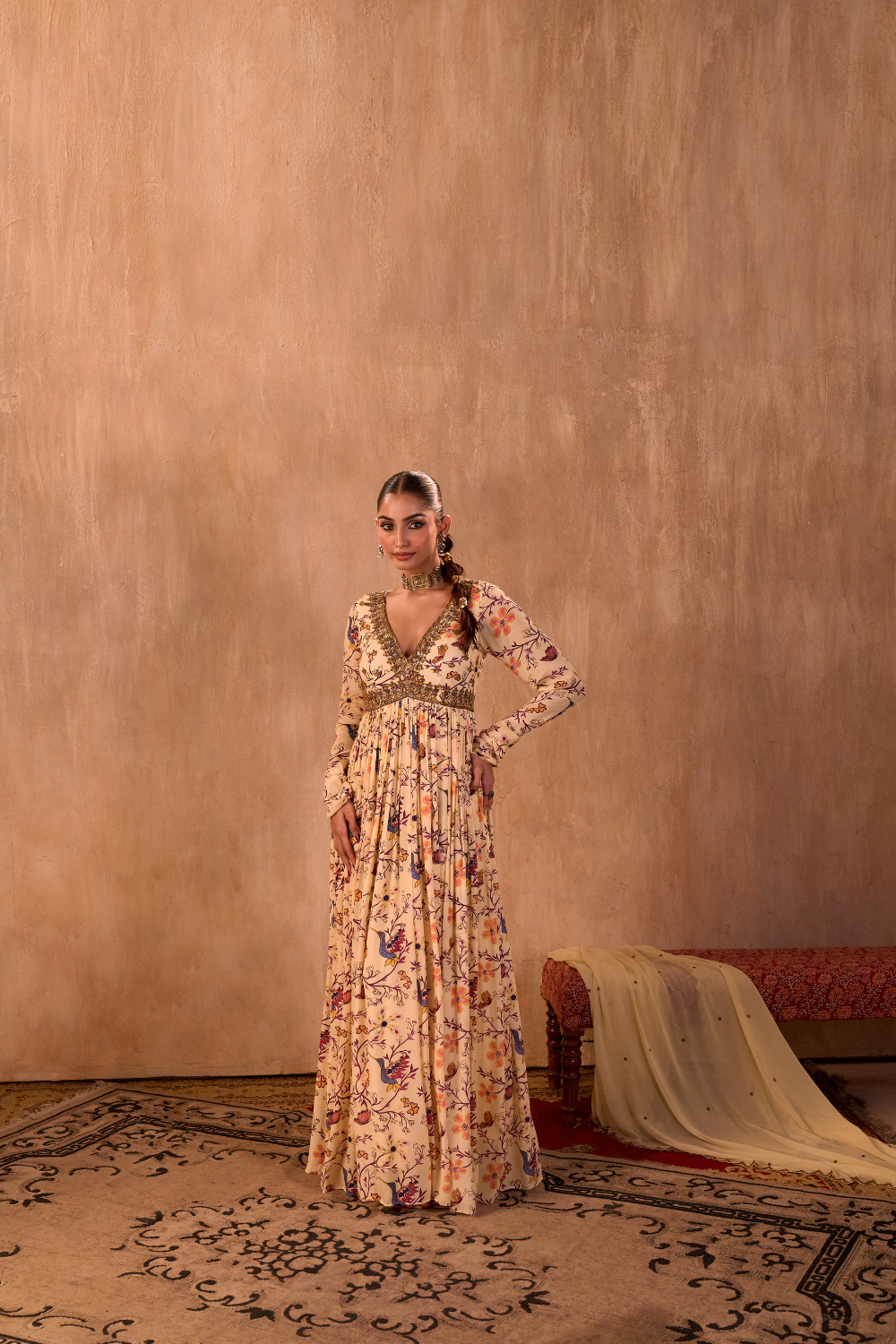 IVORY PRINT EMBROIDERED ANARKALI AND DUPATTA SET