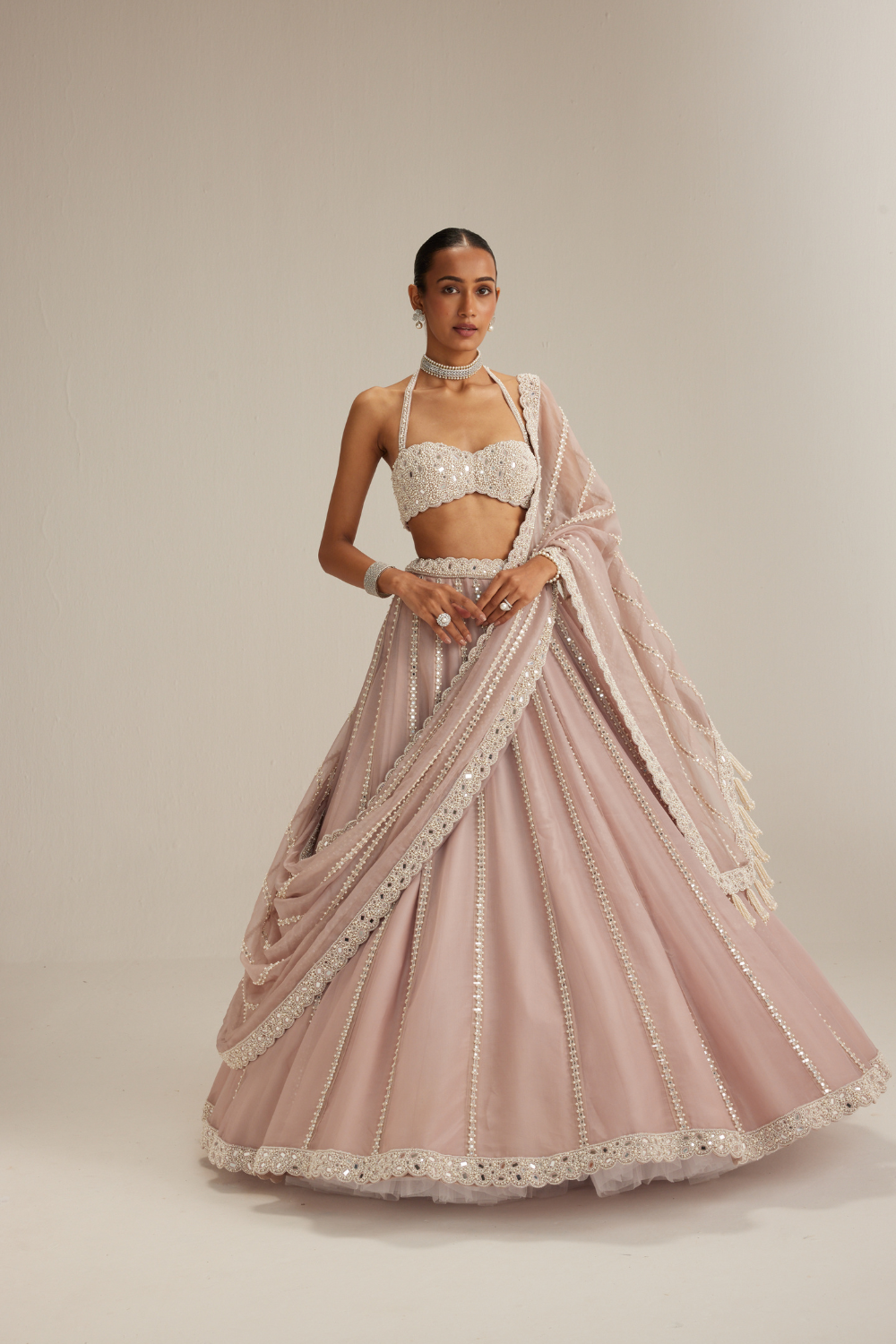 Ash Pink linear embroidered Organza Lehenga Set