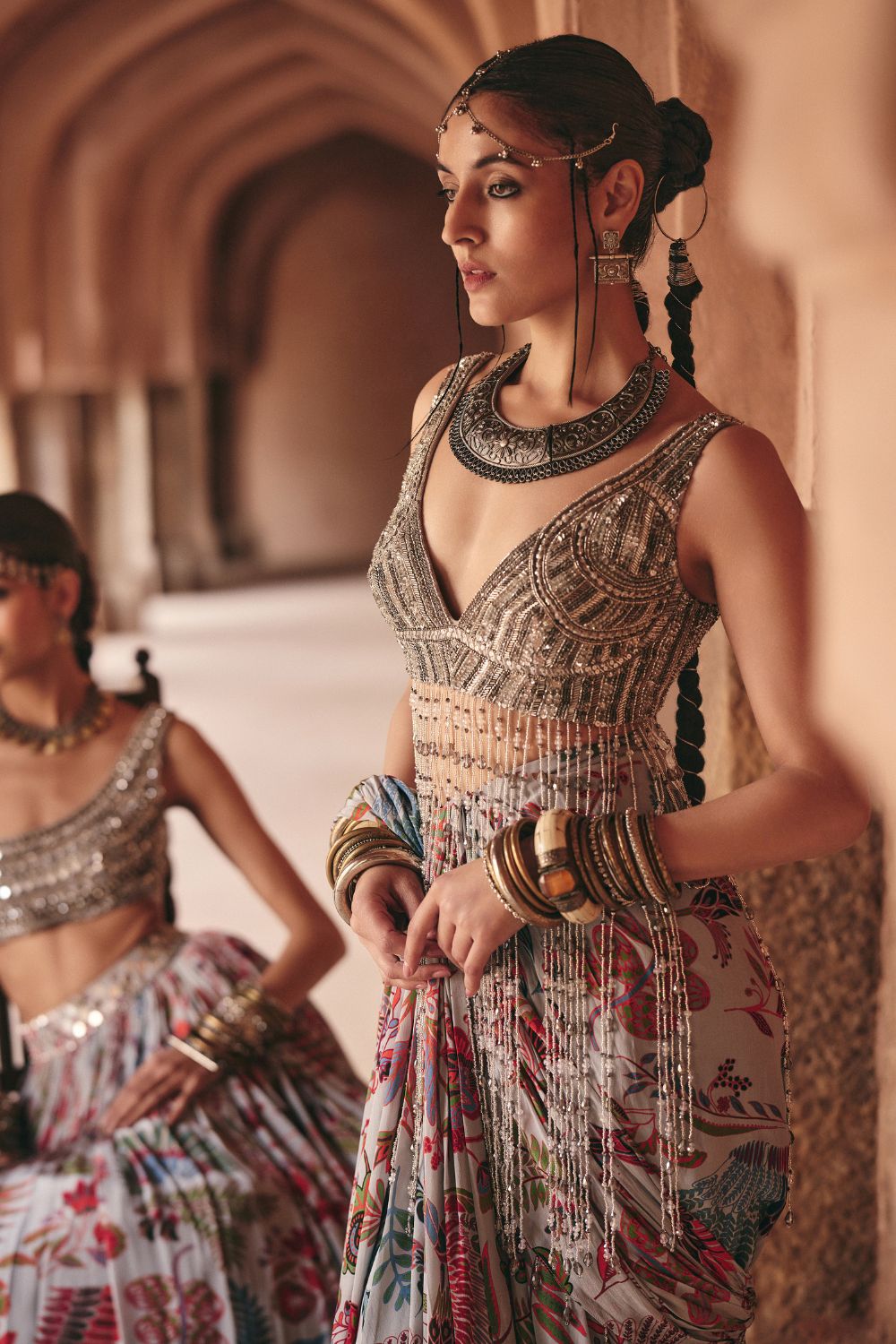 SLATE GREY EMBROIDERED BLOUSE AND PRINTED LEHENGA SET
