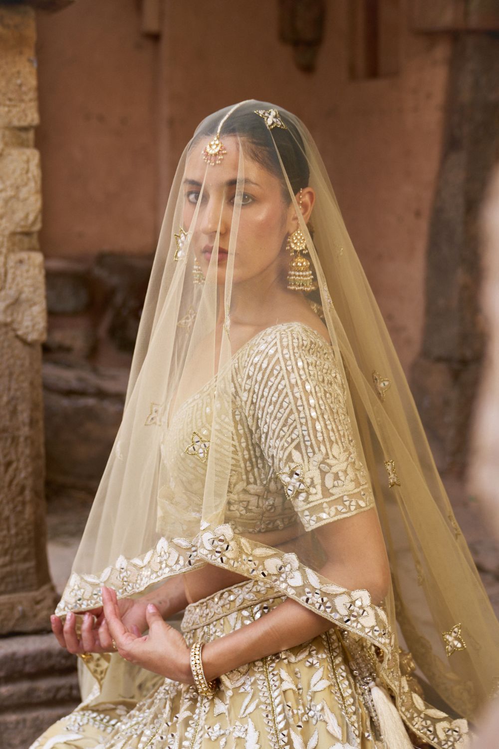BASANT — Golden Beige Net Lehenga Set