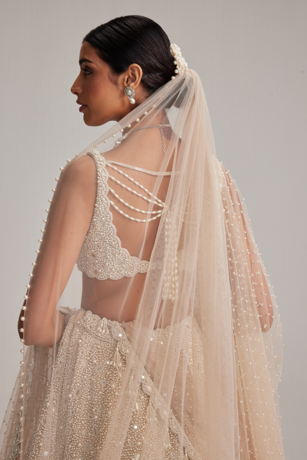 Light Beige Mirror & Pearl Bridal Lehenga with Double Dupatta and Veil