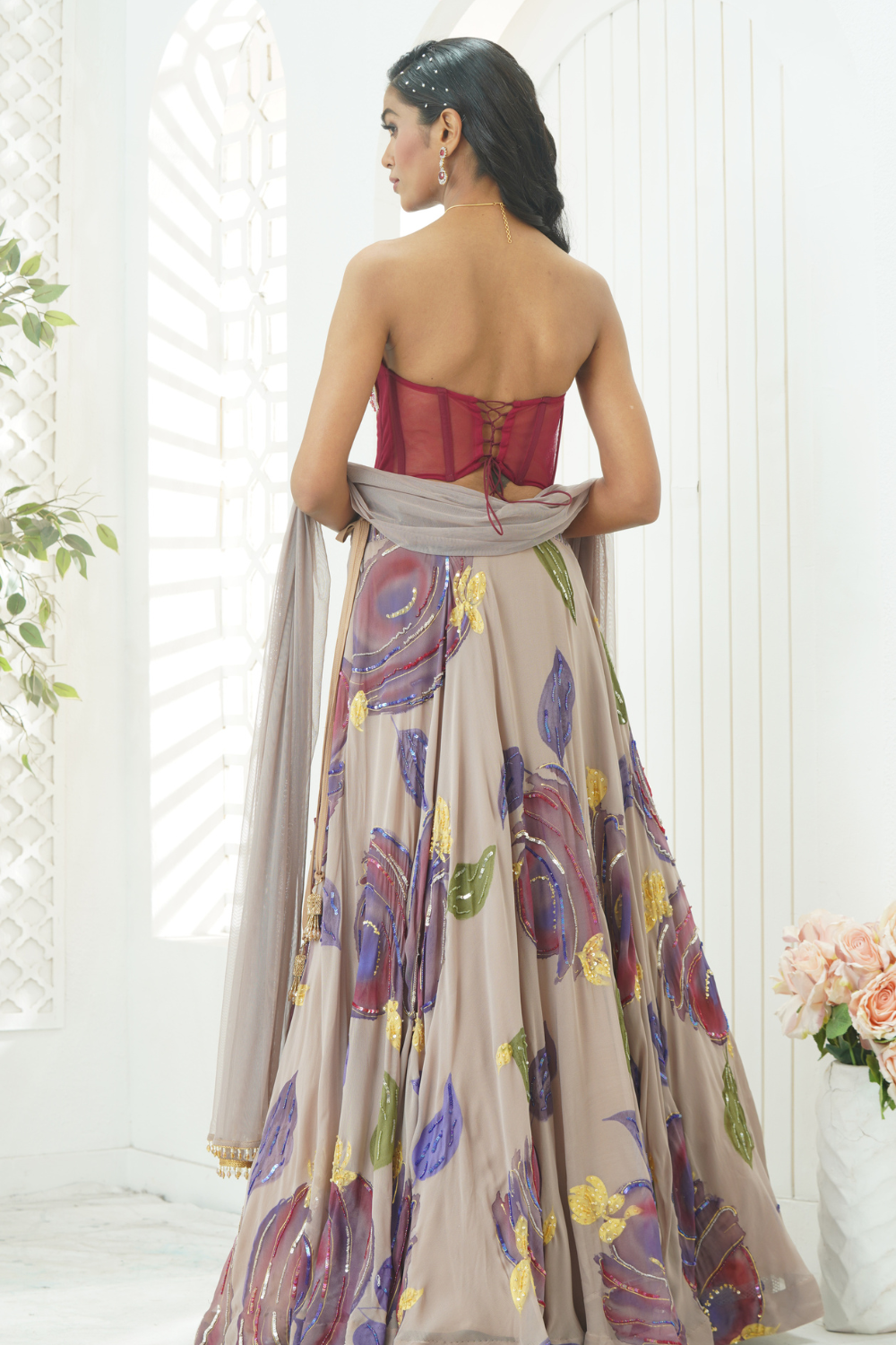 Mauve hand painted lehenga and floral corset set
