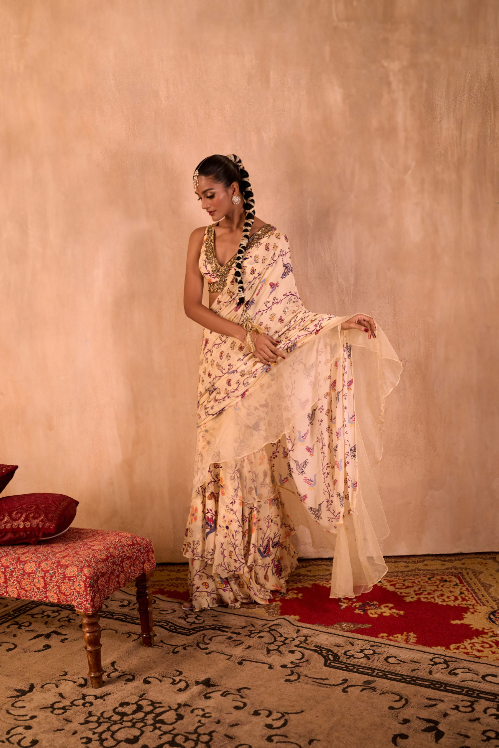 IVORY PRINT EMBROIDERED CHOLI WITH PRE DRAPED RUFFLE SARI SET