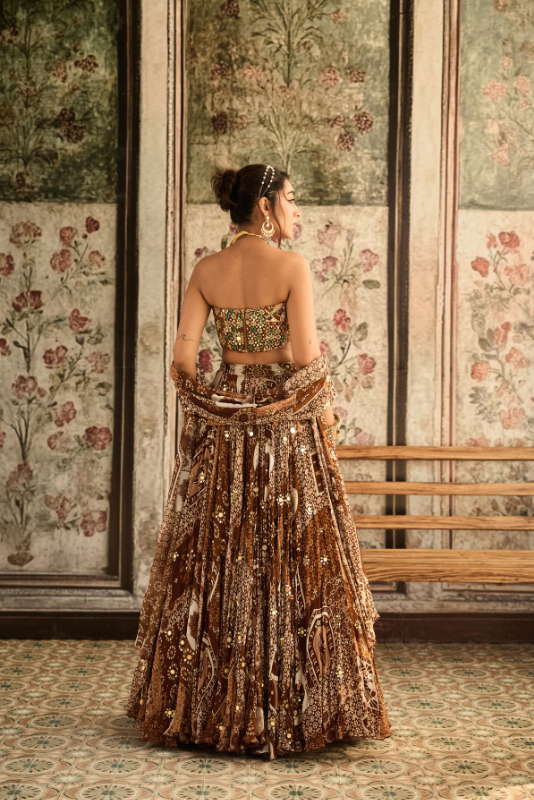 CARAMEL PRINT AND HIGHLIGHTED CORSET TOP WITH LEHENGA SET