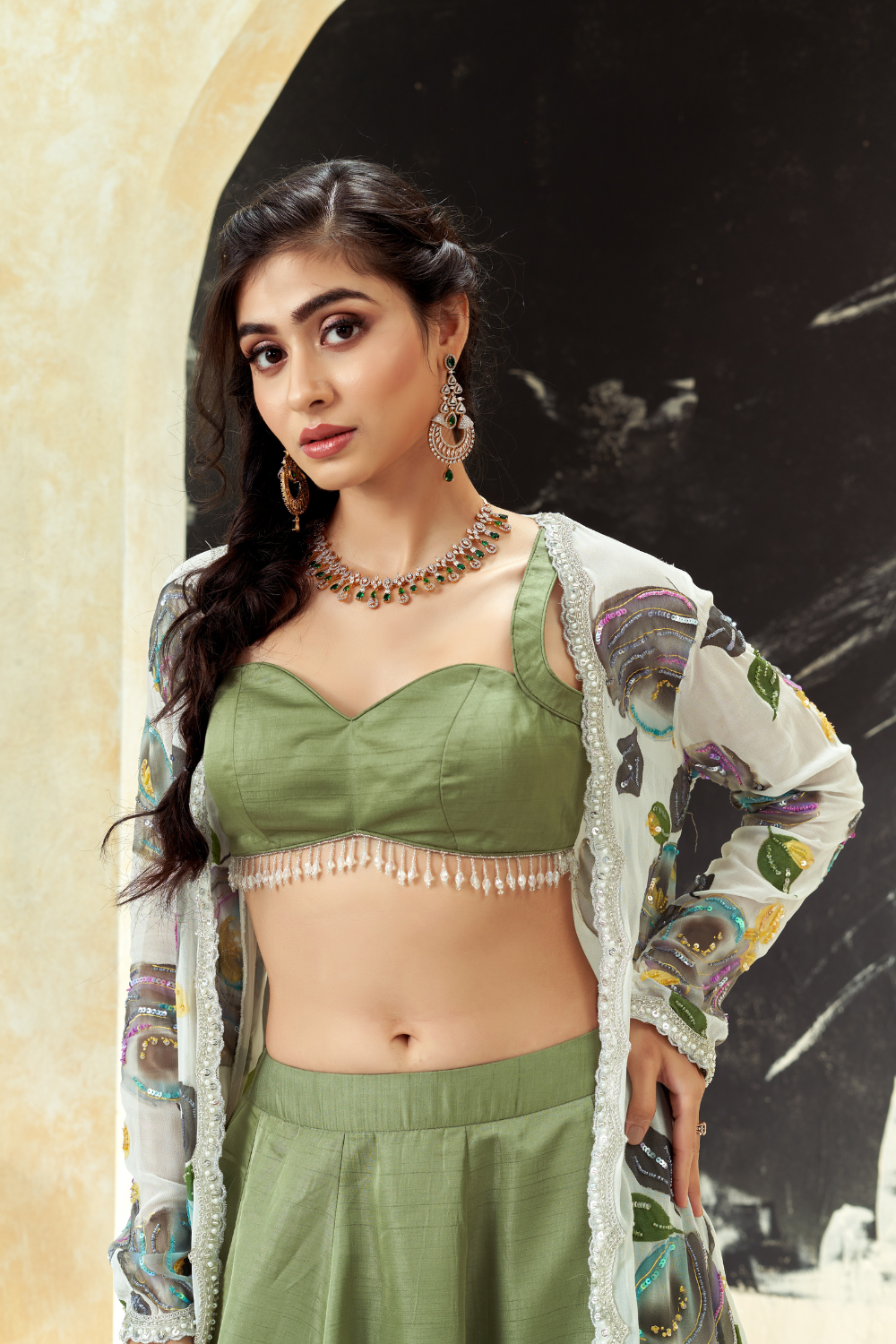Sage Green lehenga set with hand painted jacket