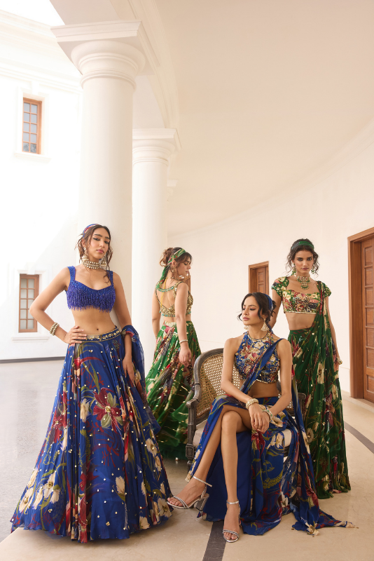 BLUE FLORAL PRINT AND HIGHLIGHTED LEHENGA SET