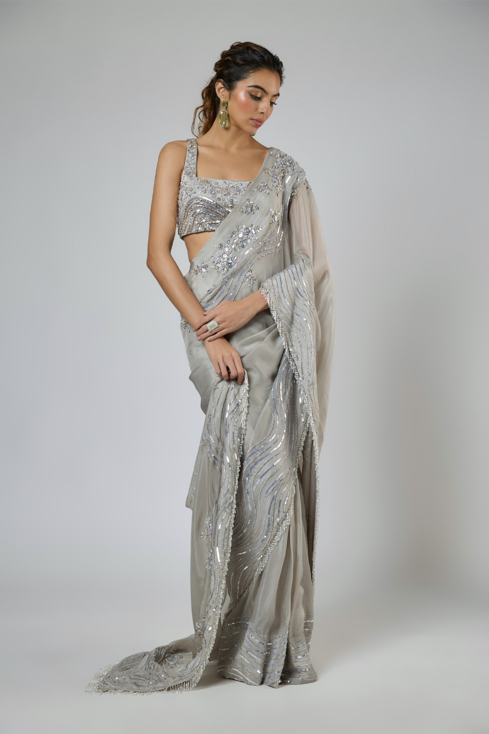 GREY HEAVY INTRICATE EMBROIDERED SAREE SET