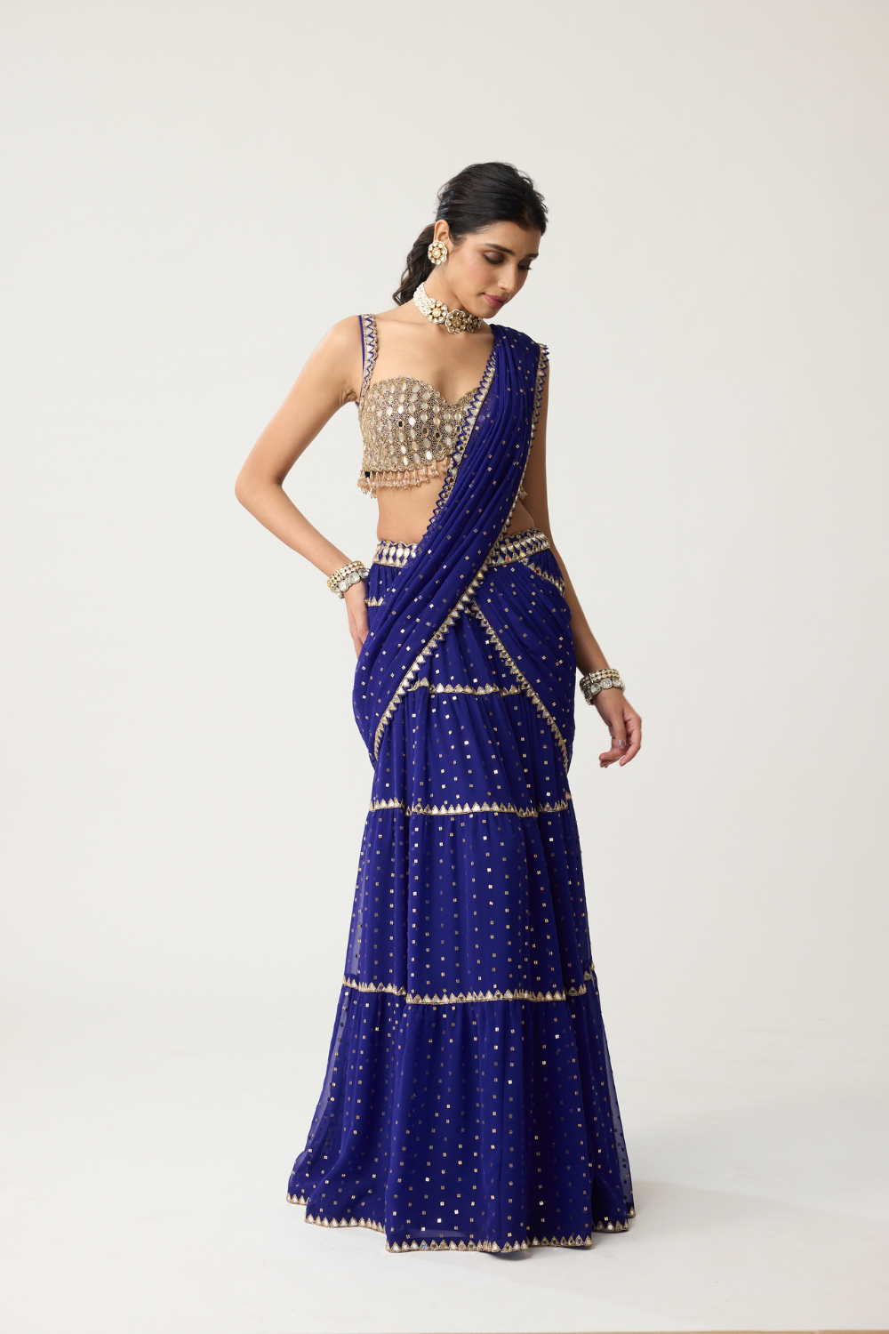 Persian Blue Multi-tier Mirror Saree Set