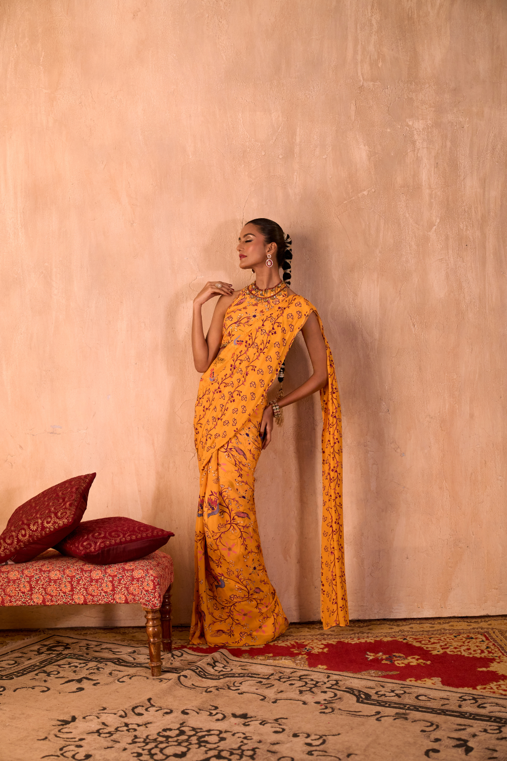 YELLOW PRINT EMBROIDERED HALTER CHOLI AND PREDRAPED SARI SET