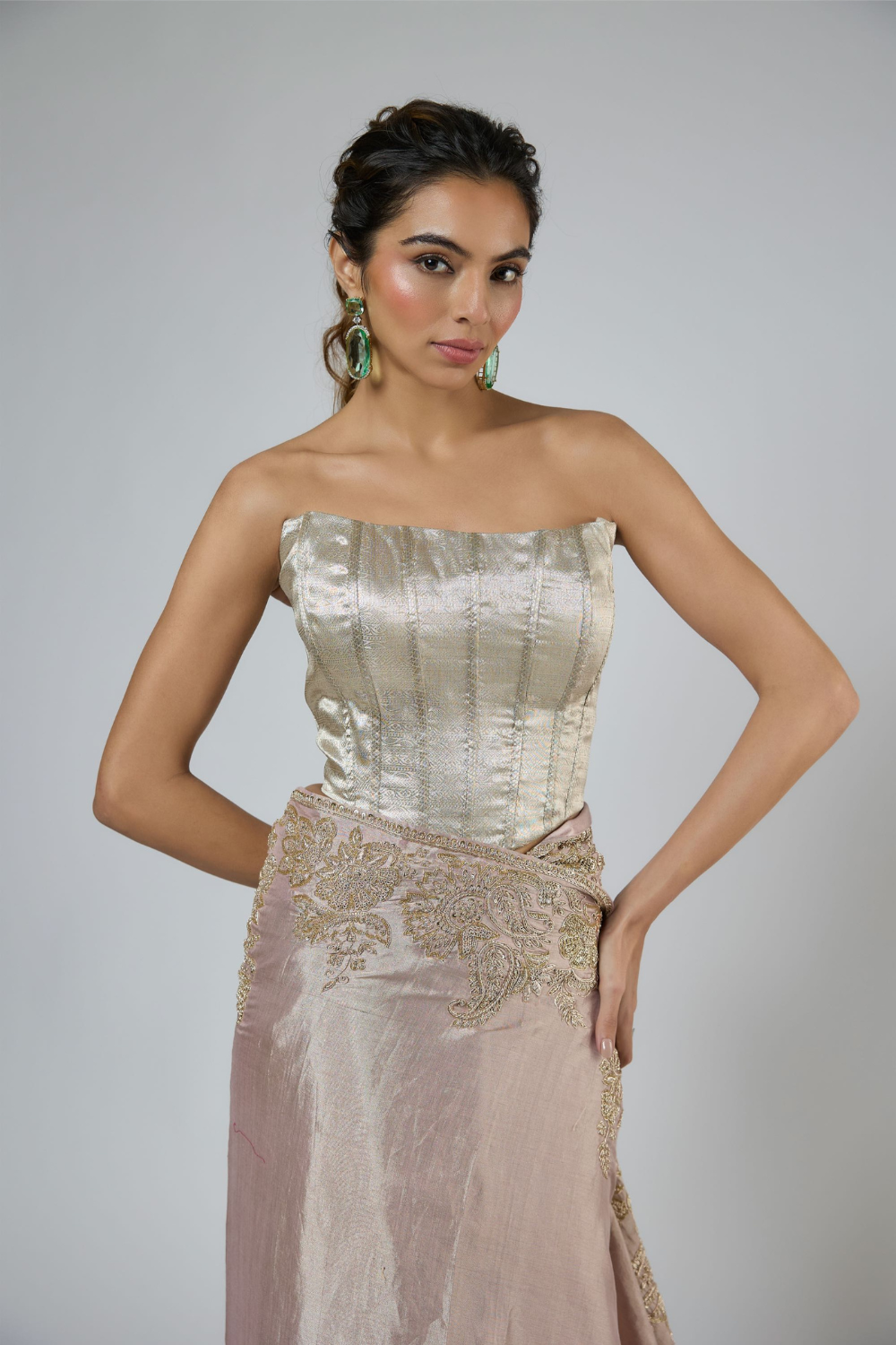 PINK AND SILVER JACQUARD ZARDOZI EMBROIDERED SAREE WITH CORSET BLOUSE