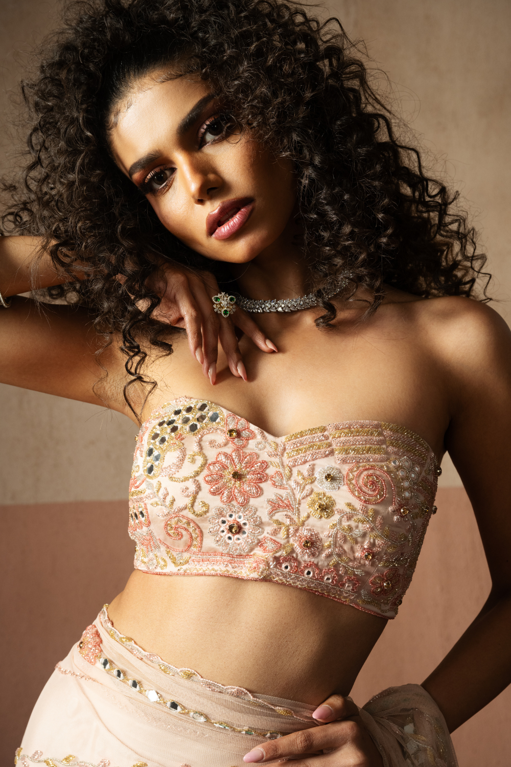 Predraped , baby pink , hand embroidered net & satin saree