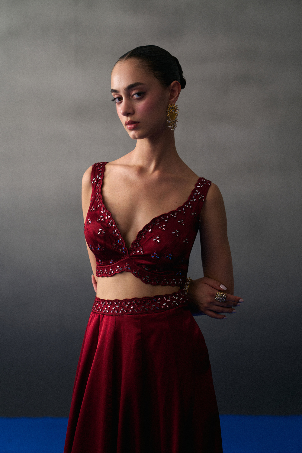 Maroon Satin Silk Skirt Set