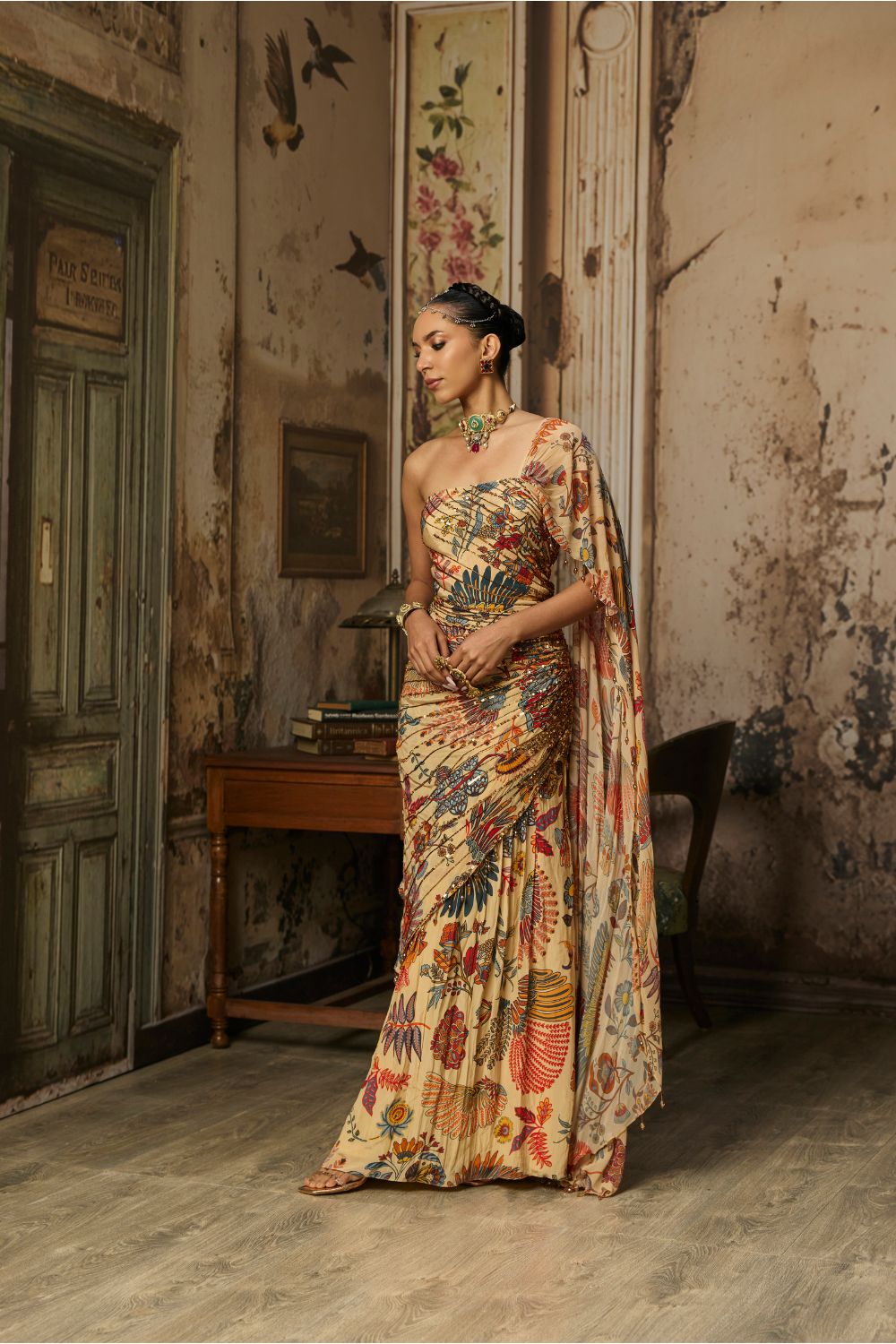BEIGE PRINTED AND HIGHLIGTED DRAPE GOWN SAREET
