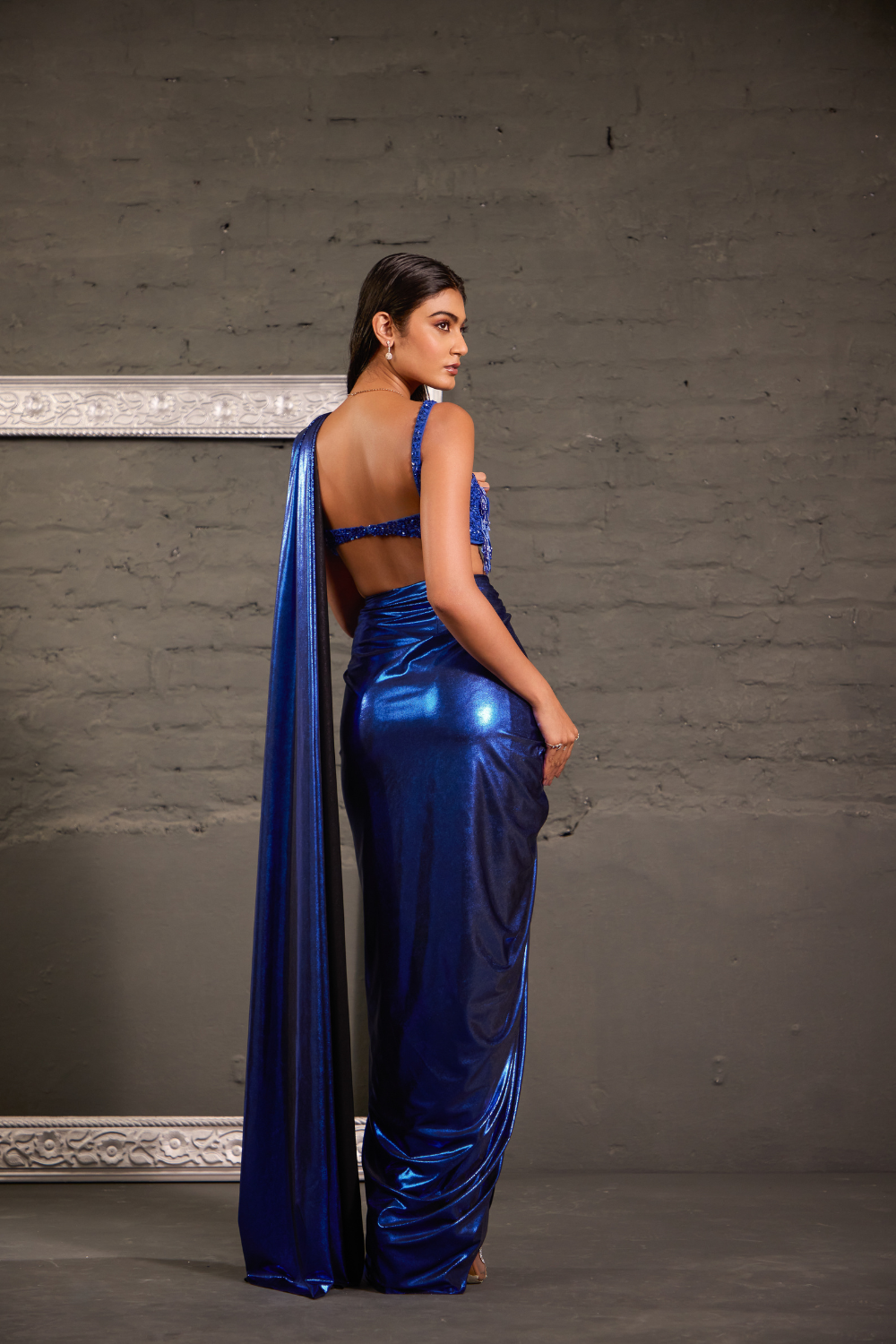 Tasseled Royal Blue Cocktail Metallic Drape Saree Set
