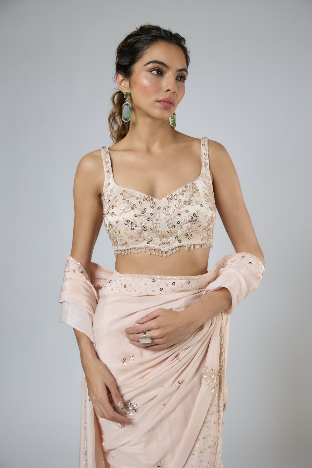Light Peach Heavy Intricate Floral Embroidered Saree Set