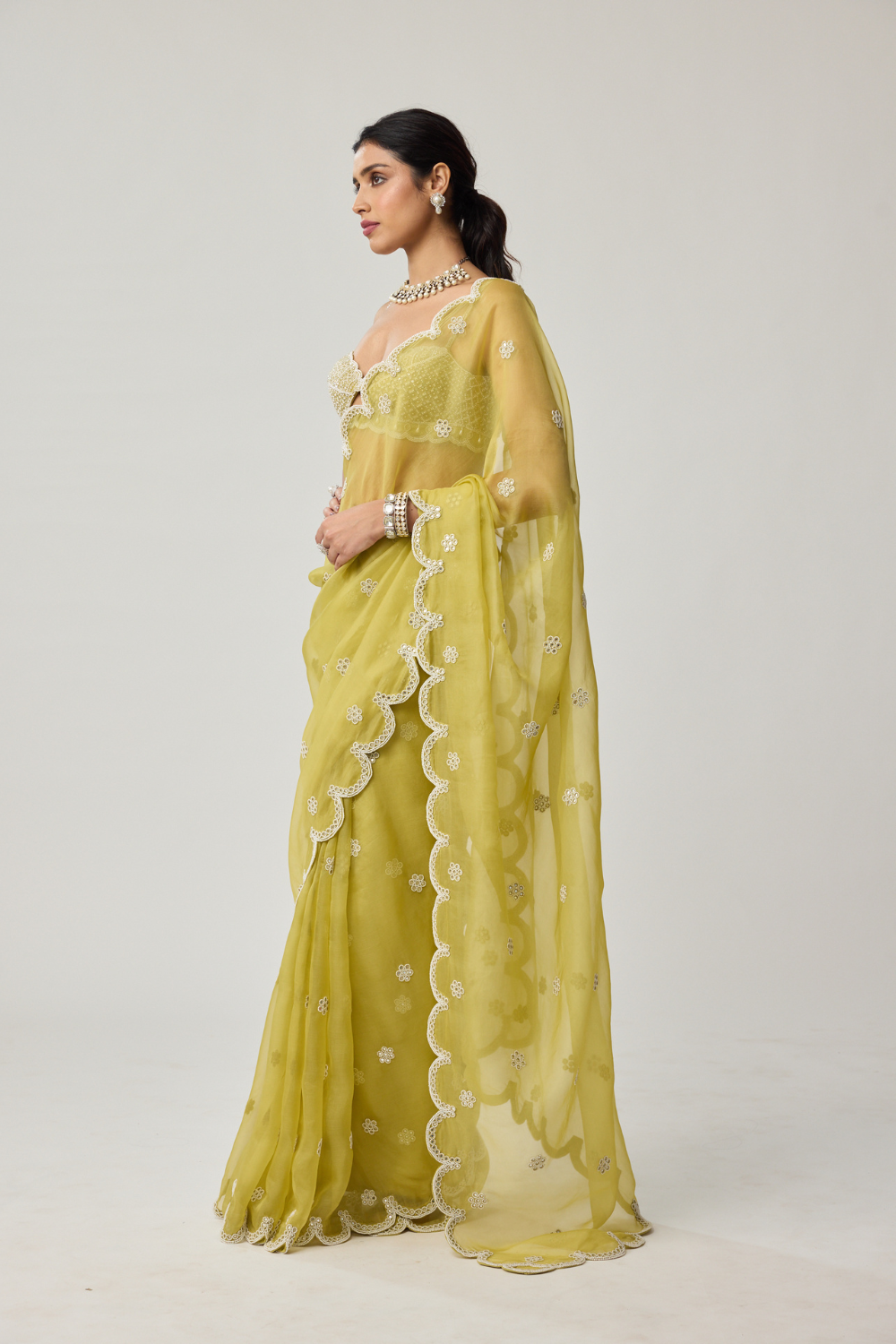 Fern Green Organza Mirror and Pearl saree set