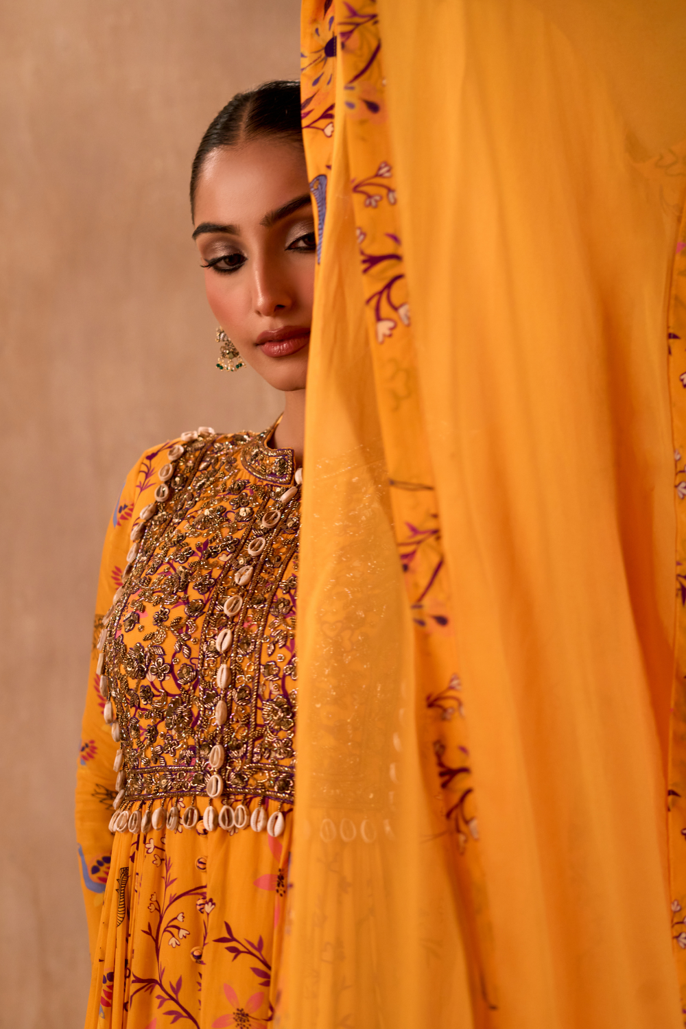 YELLOW PRINT EMBROIDERED ANARKALI AND DUPATTA SET