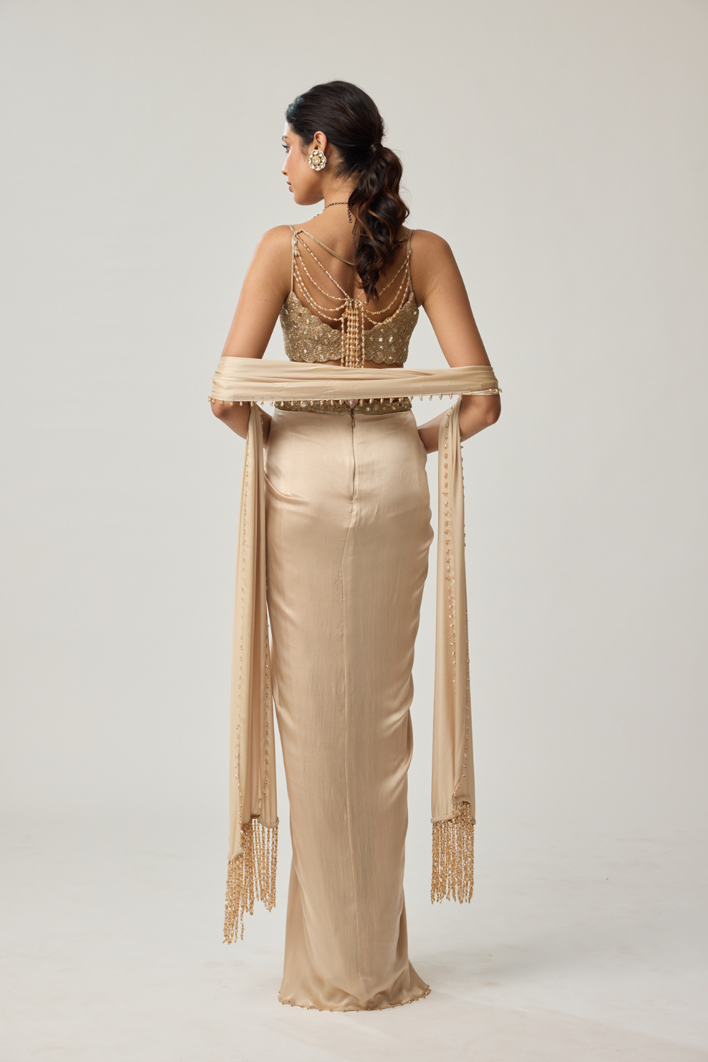 Light beige Mirror Satin draped skirt Set