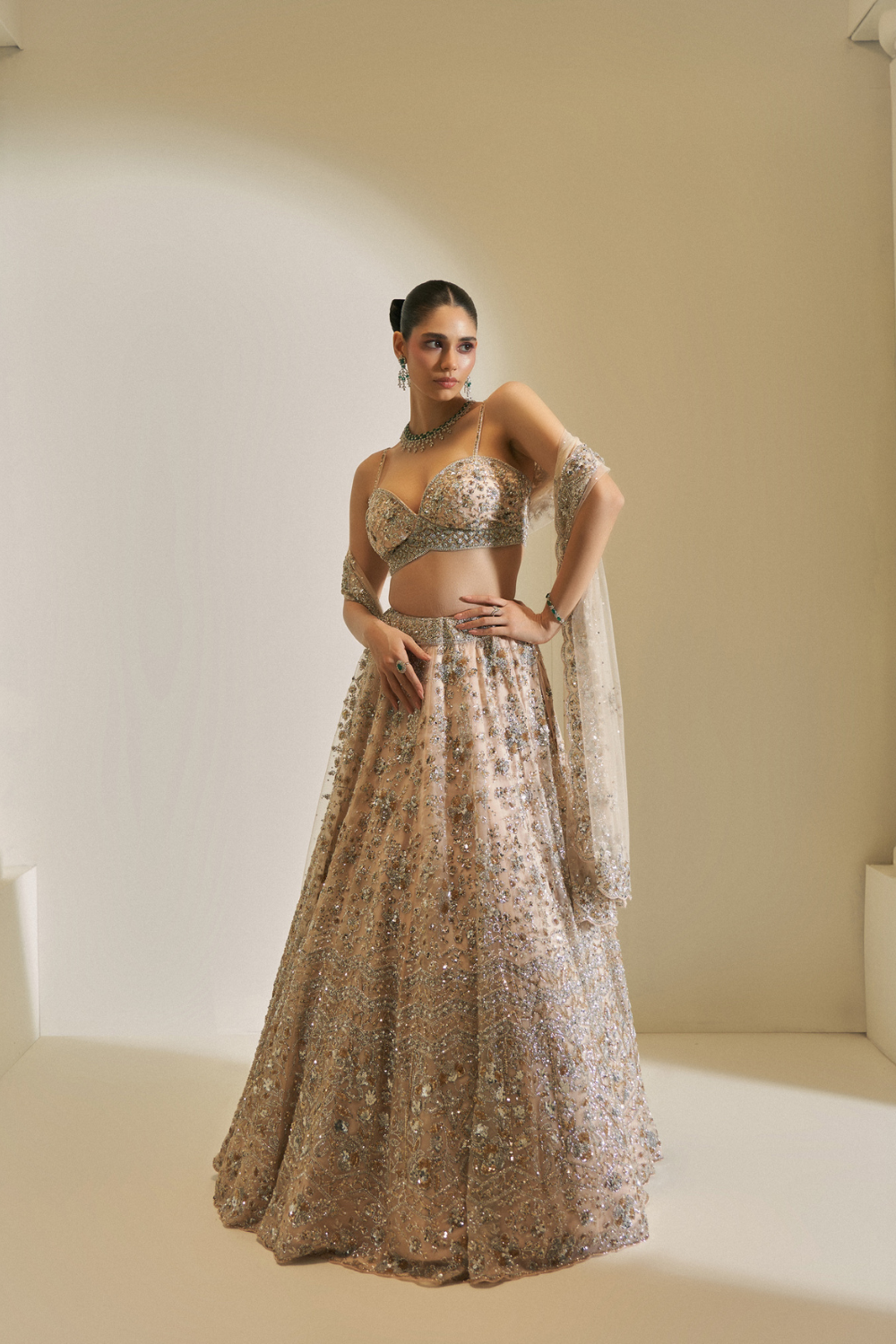 Champagne Crystal Bloom Lehenga Set