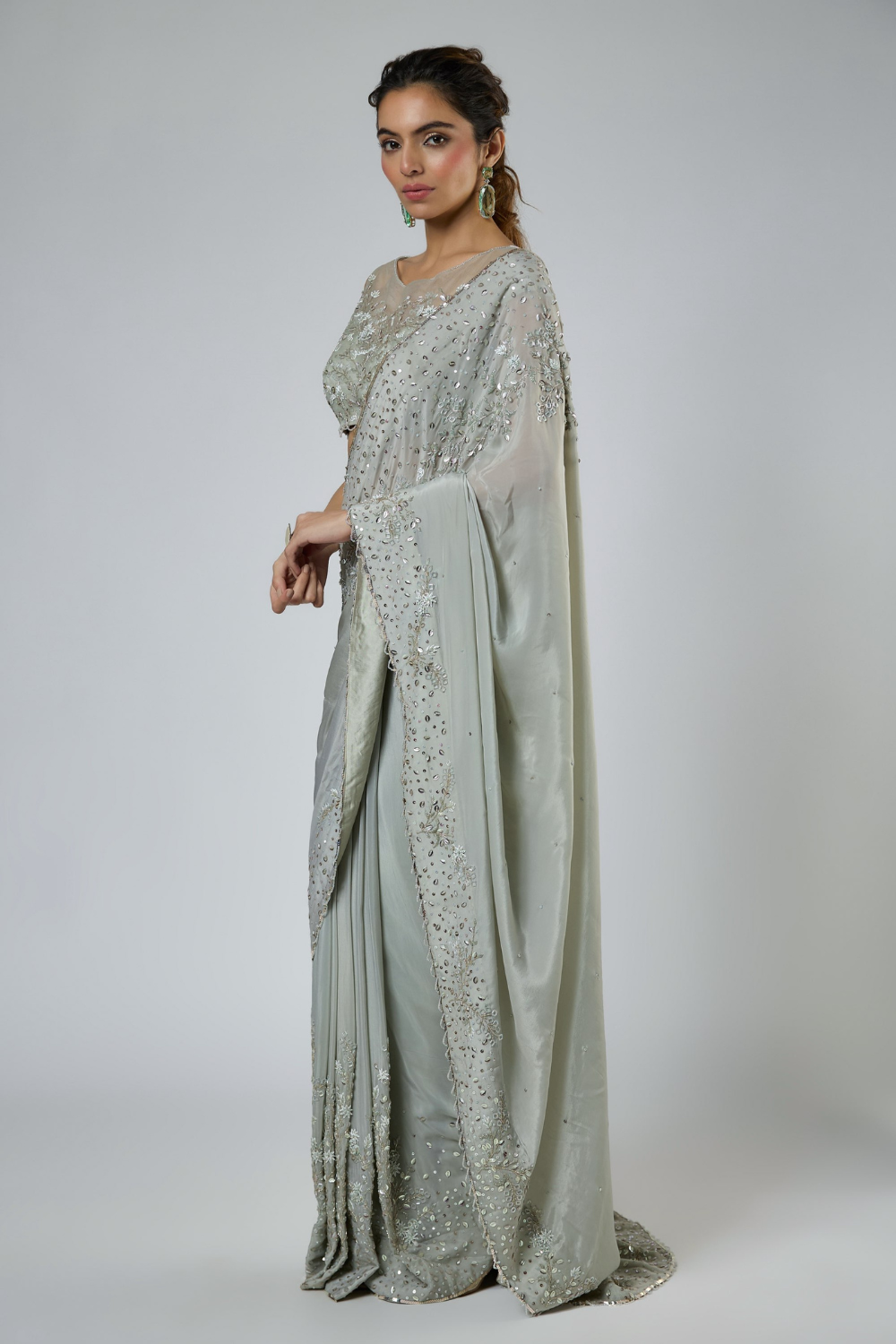 DUSTY GREEN HEAVY INTRICATE FLORAL EMBROIDERED SAREE SET