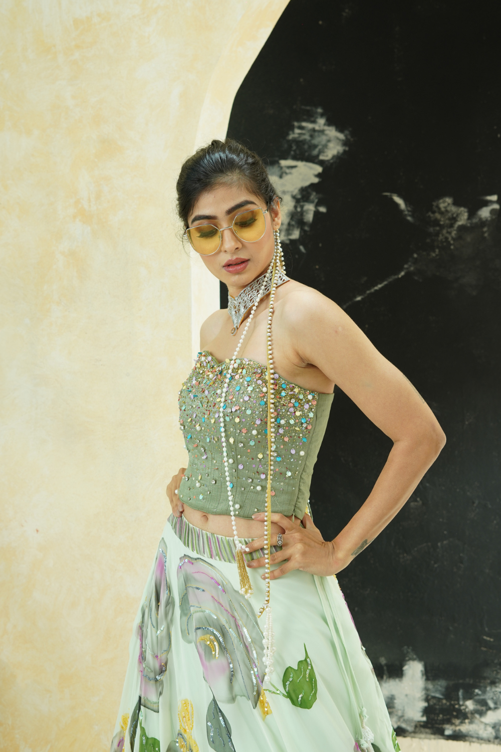 Mint Green hand painted lehenga and Green corset set