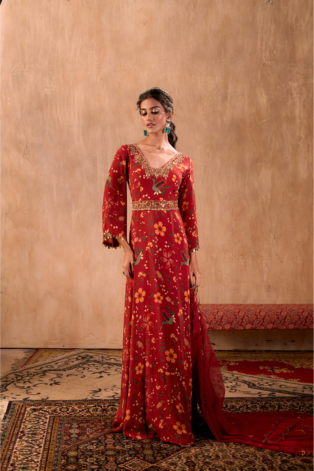 RED PRINT EMBROIDERED ANARKALI WITH DUPATTA AND BELT SET