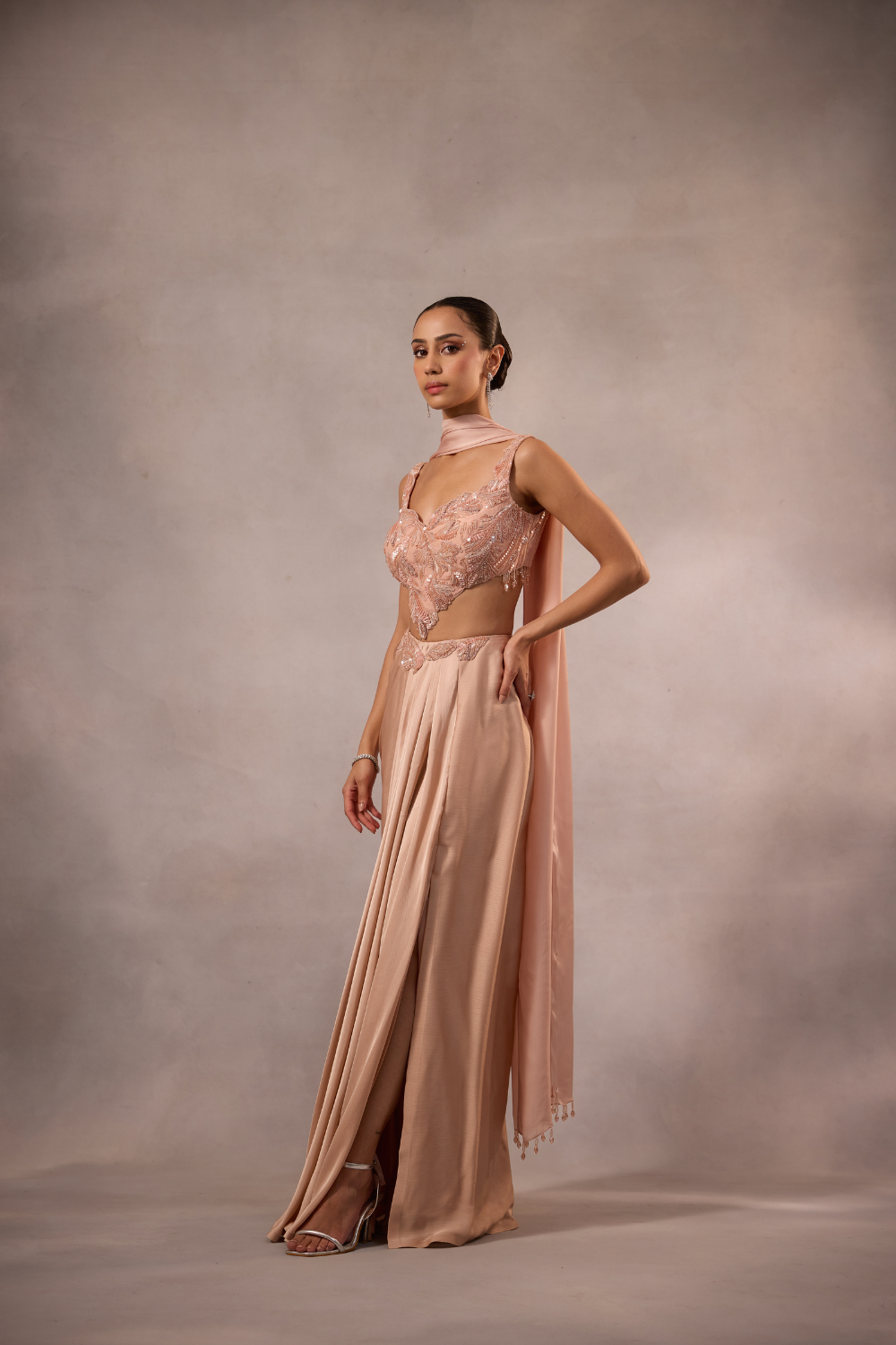Champagne Pink Drape Skirt with Blouse & Stole