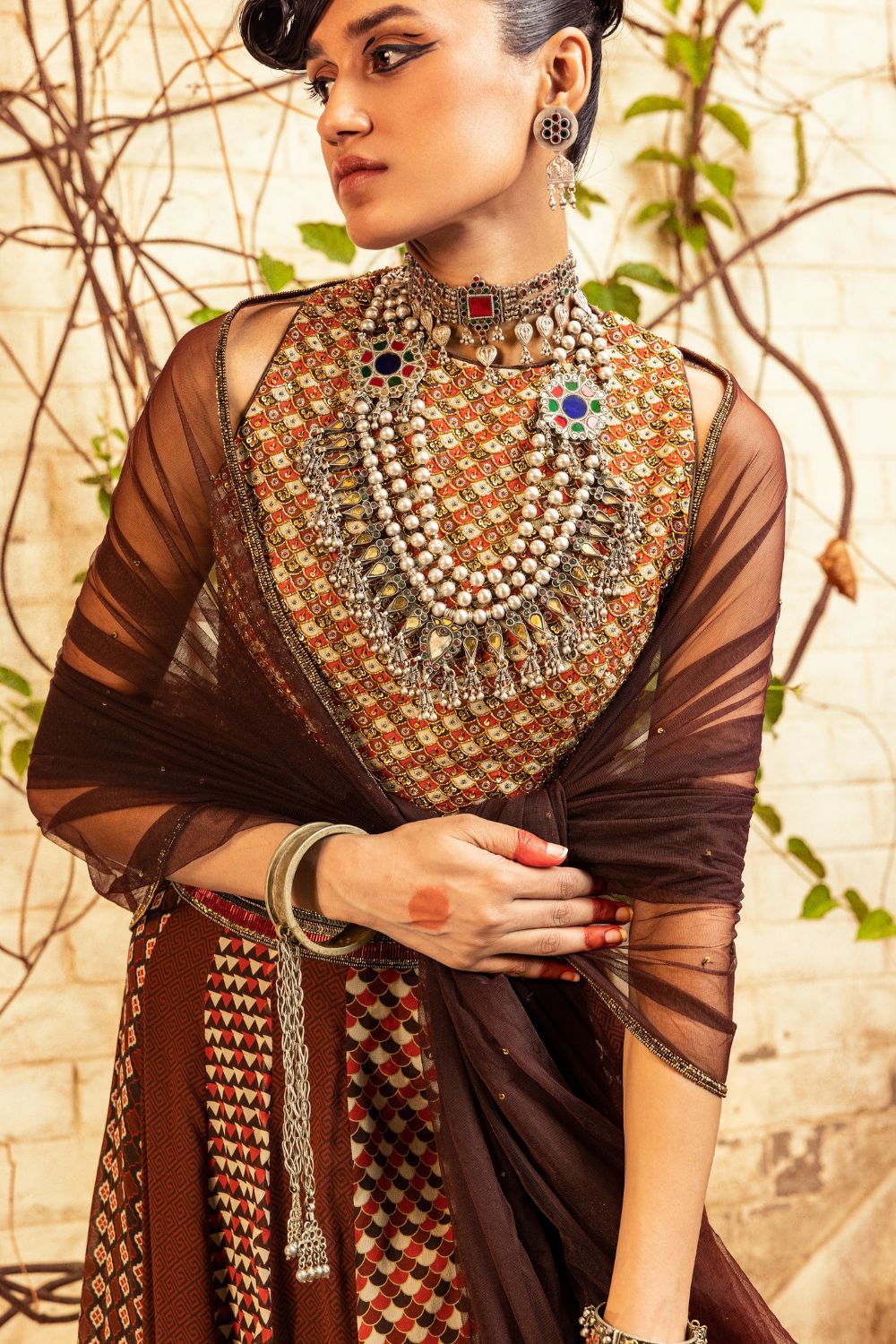Brown Printed & Embroidered Skirt set