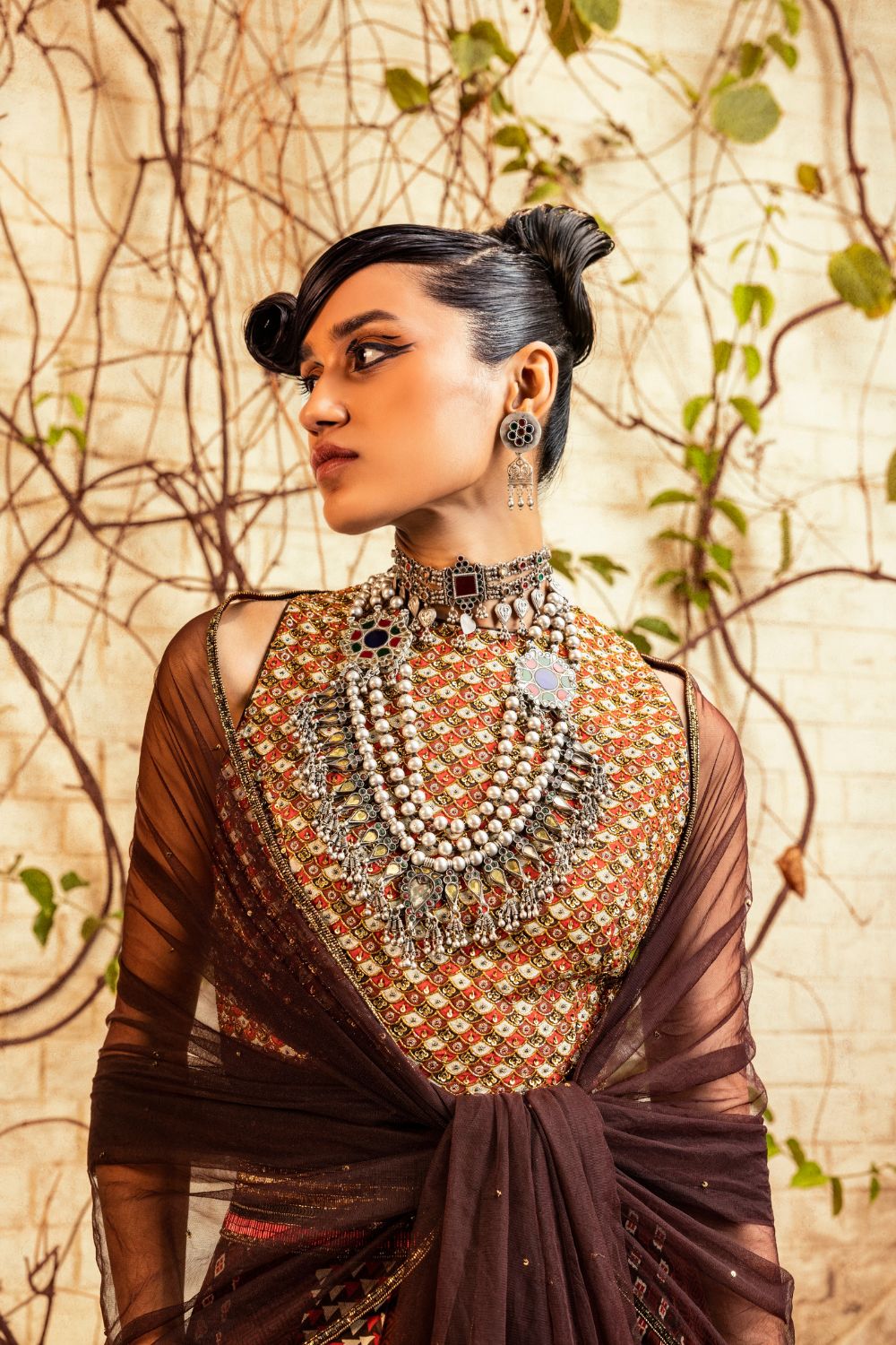 Brown Printed & Embroidered Skirt set