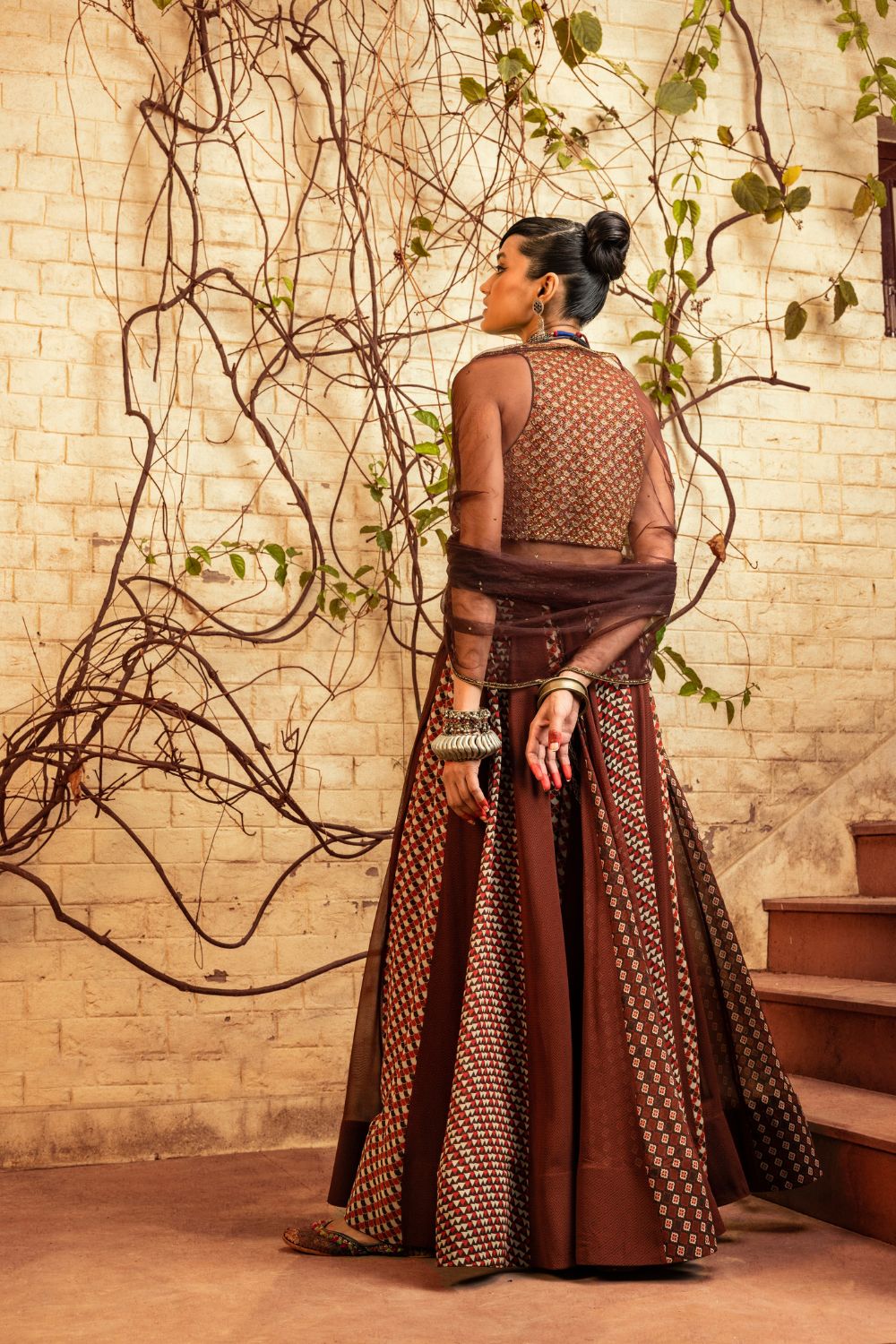 Brown Printed & Embroidered Skirt set
