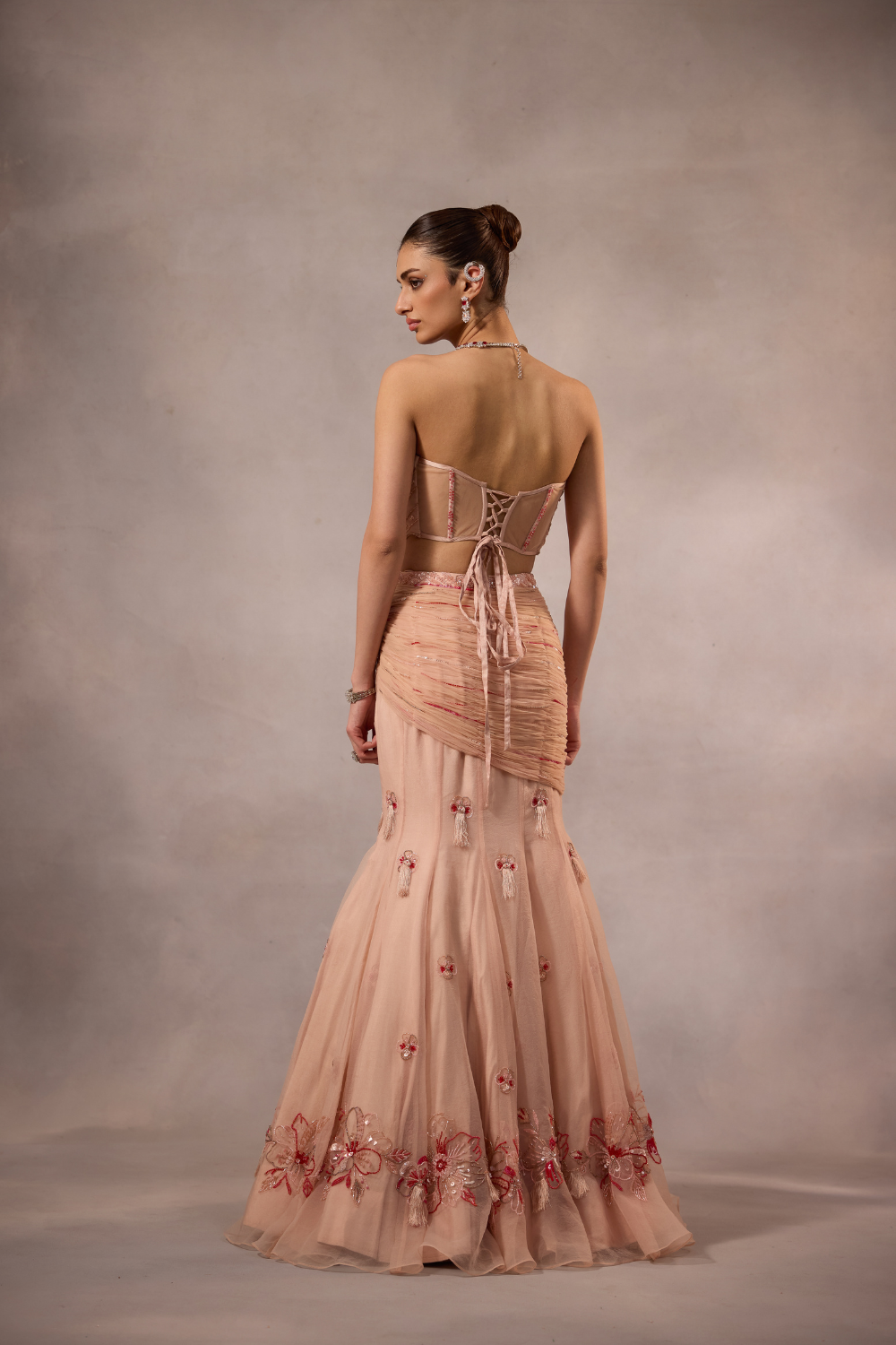 Powder Pink Embroidered Fishcut Drape Lehenga with Blouse -set of 3