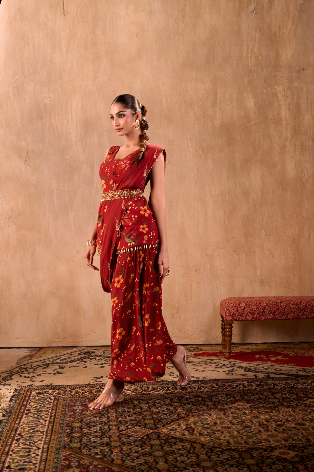 RED PRINT EMBROIDERED PEPLUM TOP, DRAPED PANTS, DRAPE AND BELT SET