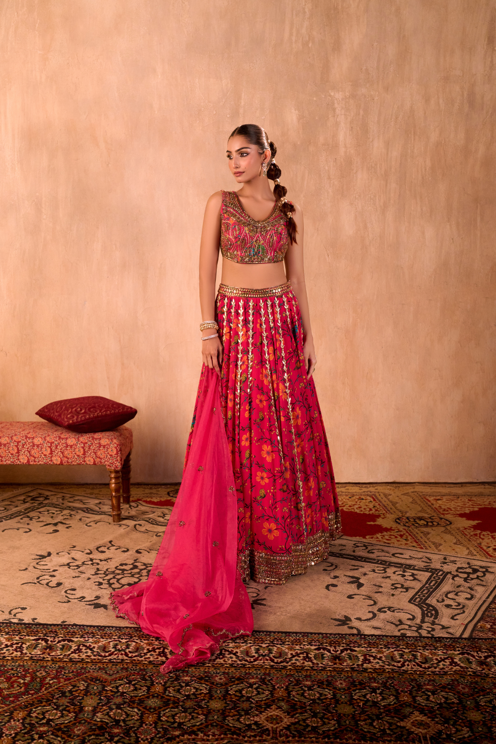 PINK PRINT EMBROIDERED CHOLI, LEHENGA AND DUPATTA SET