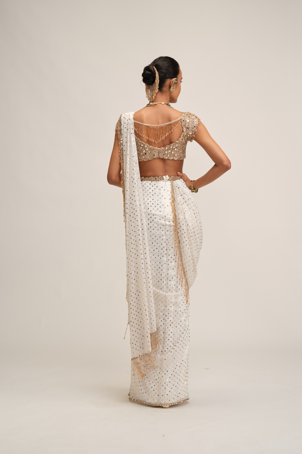 Off White Draped Saree Set