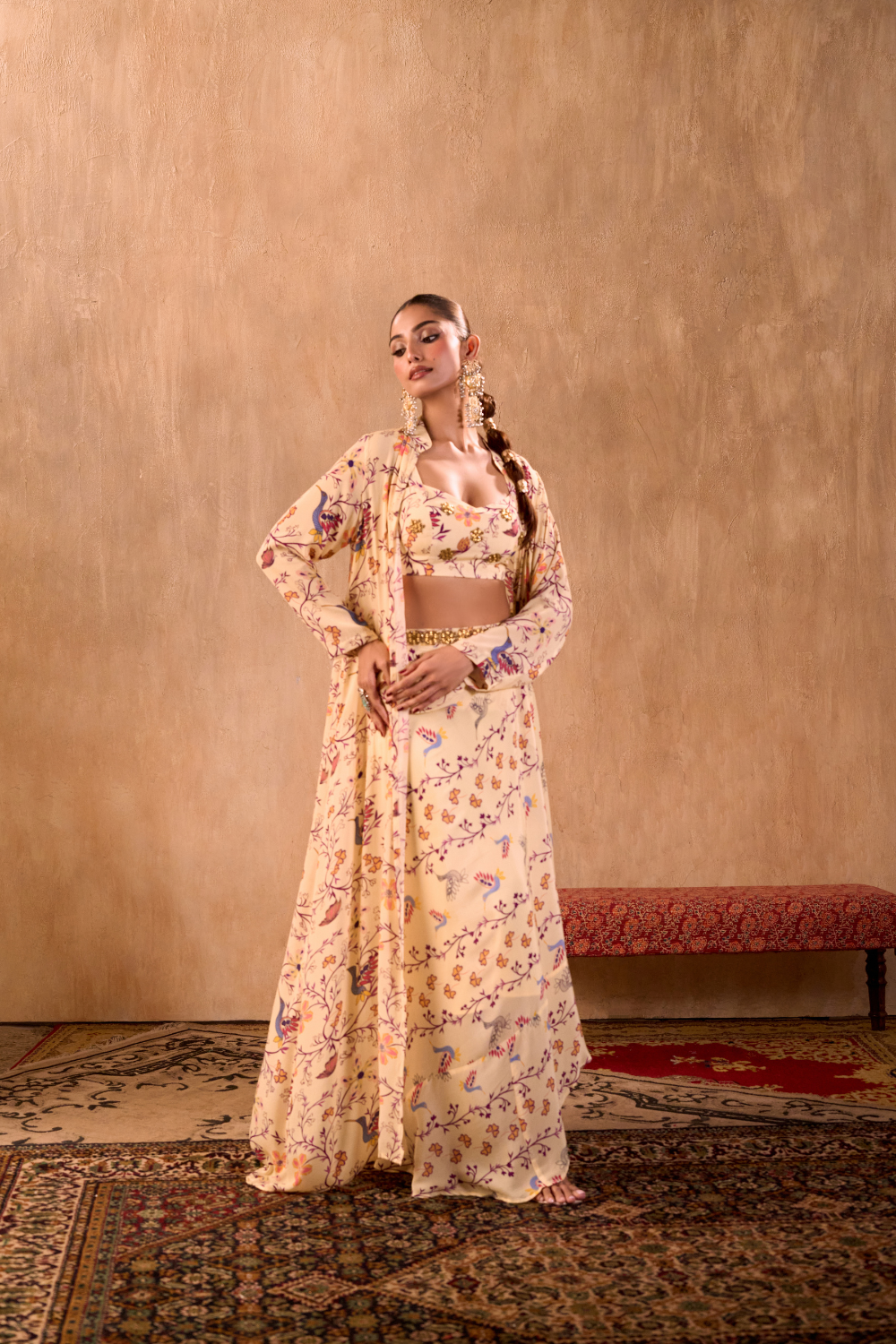 IVORY PRINT EMBROIDERED CHOLI, DRAPED SKIRT AND JACKET SET