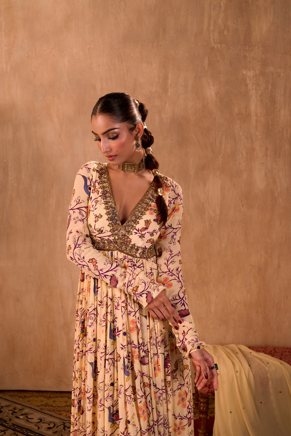 IVORY PRINT EMBROIDERED ANARKALI AND DUPATTA SET