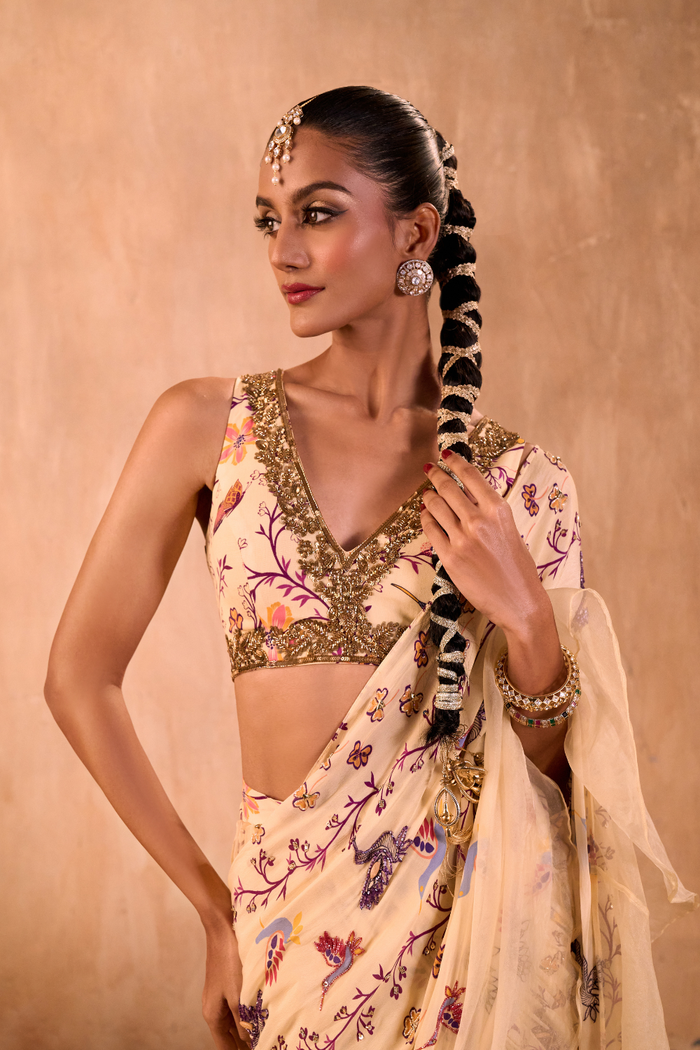 IVORY PRINT EMBROIDERED CHOLI WITH PRE DRAPED RUFFLE SARI SET